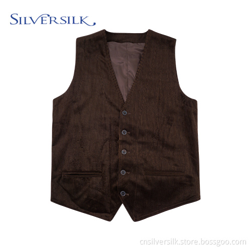 Solid Corduroy Brown Fancy Suit Vest Waistcoat Men
